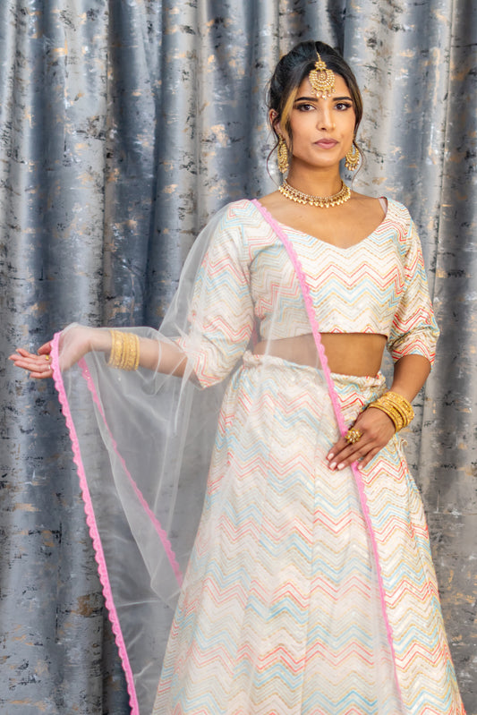 White Cotton Lehenga Set with Embroidery