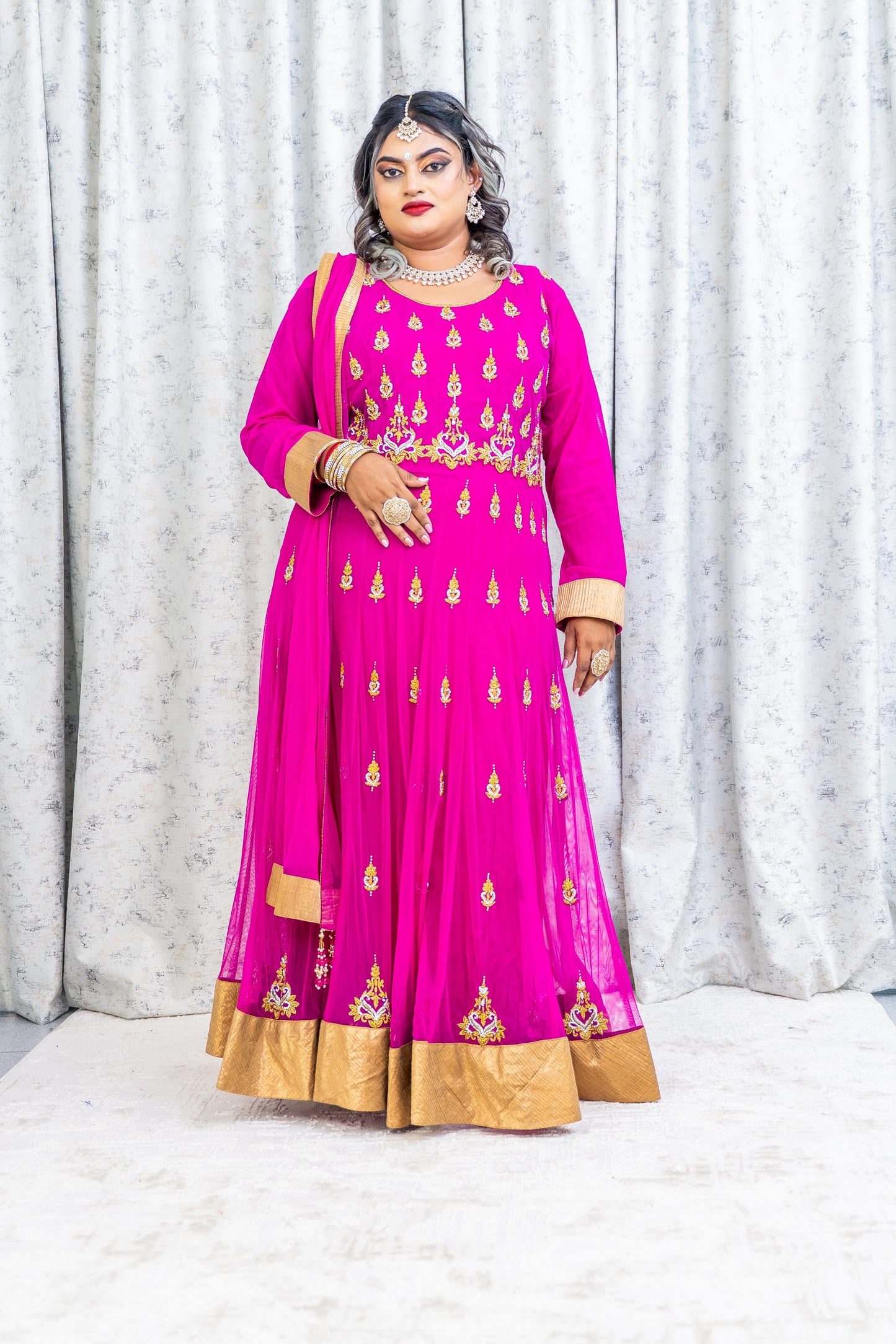 Rani Pink Net Punjabi Set with Swarovski Stone Work