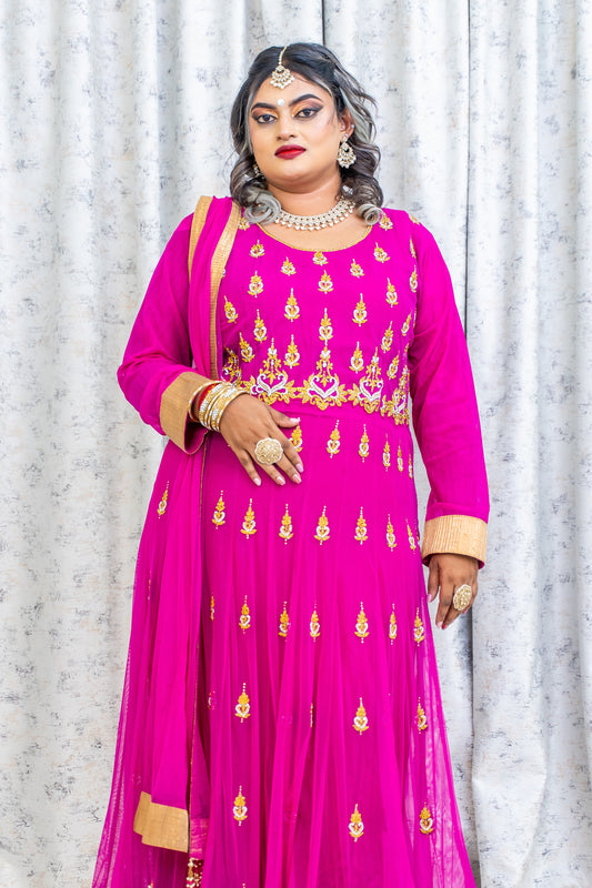 Rani Pink Net Punjabi Set with Swarovski Stone Work