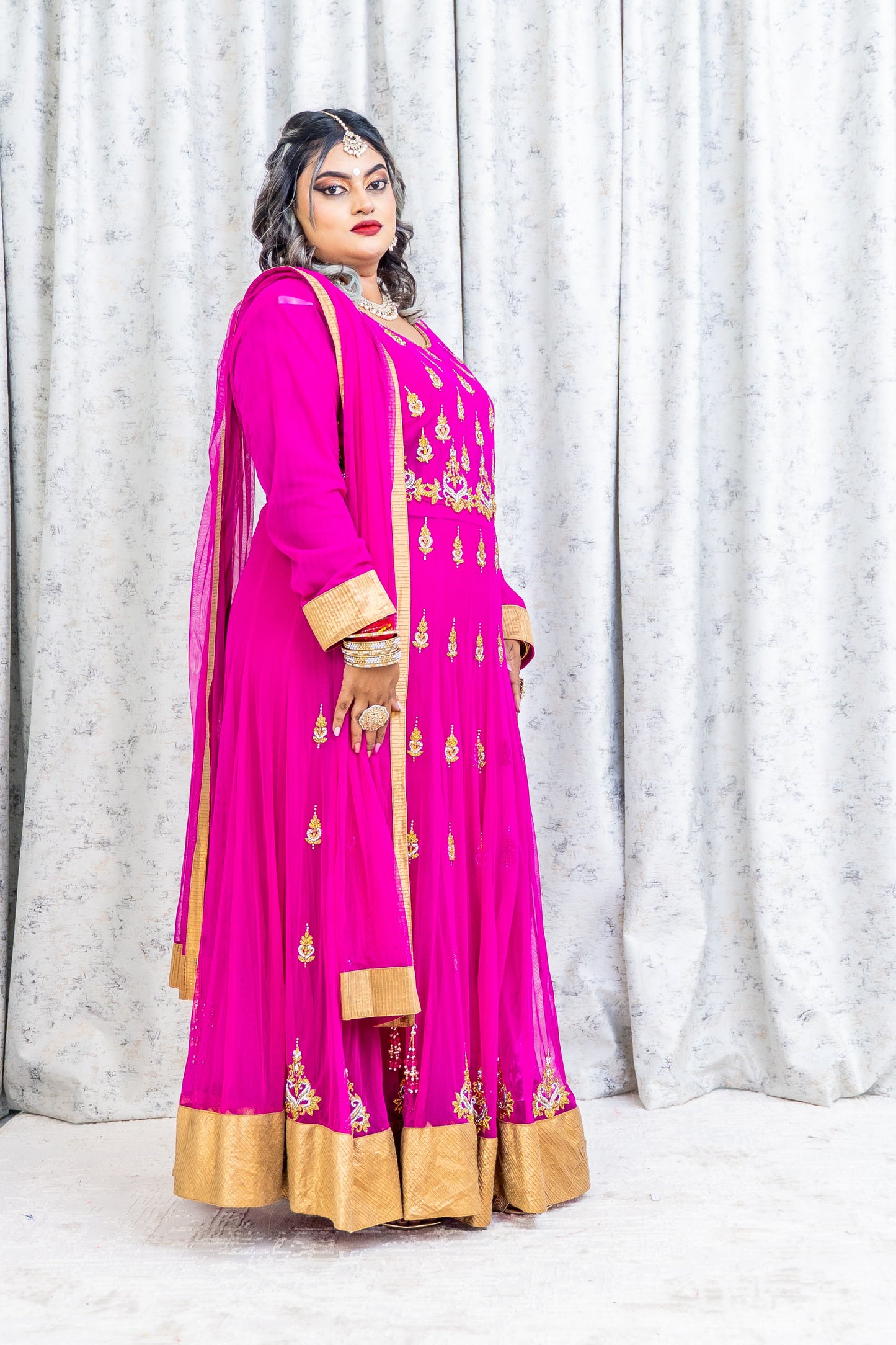 Rani Pink Net Punjabi Set with Swarovski Stone Work