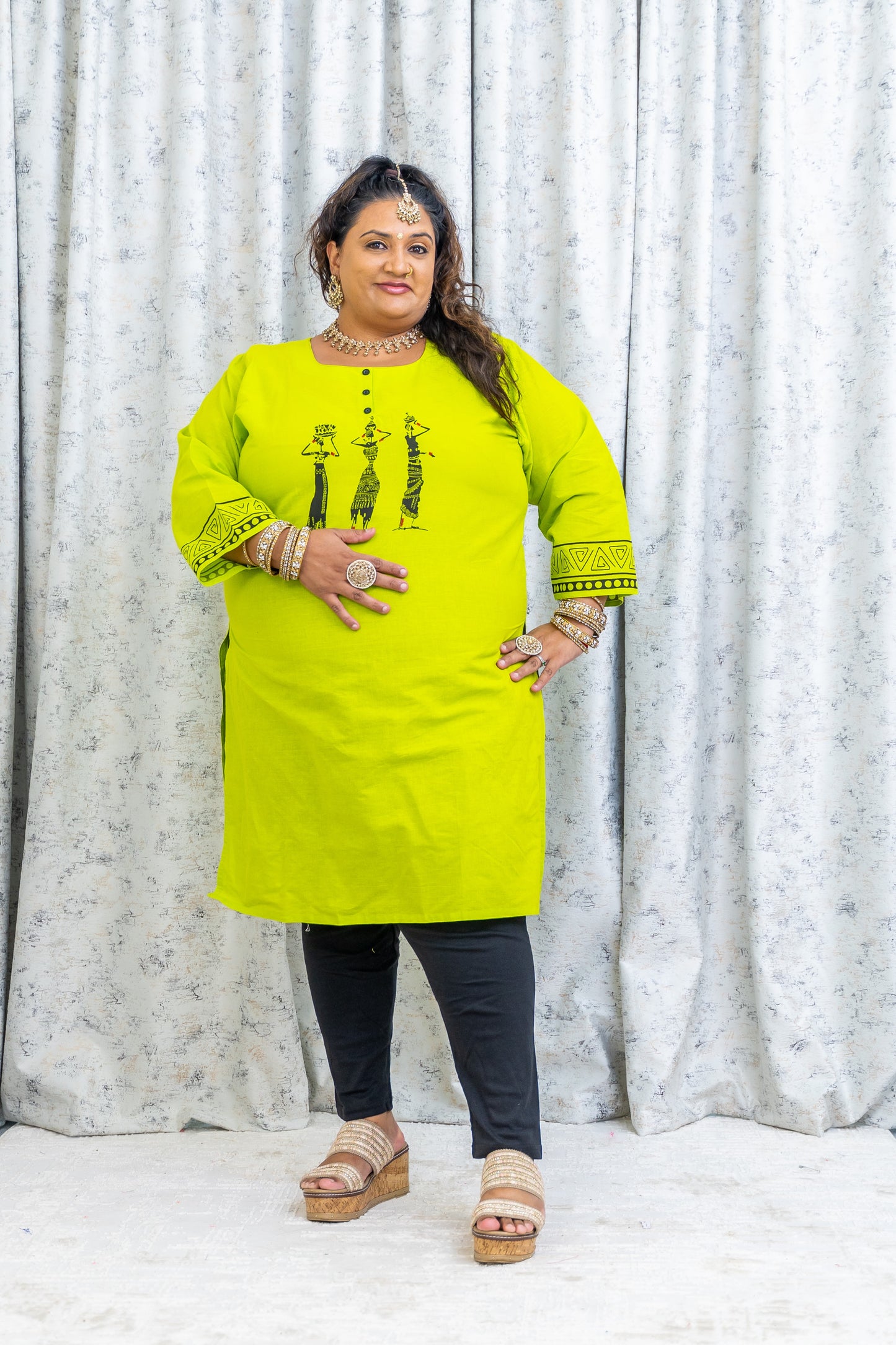 Green Printed Cotton Kurti Top