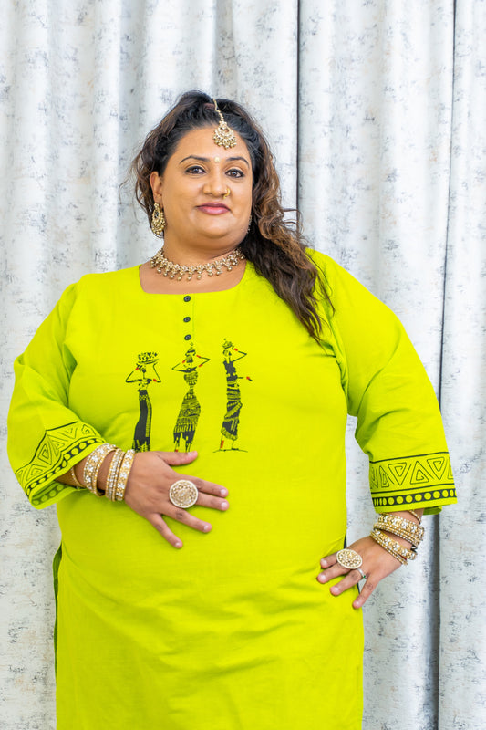 Green Printed Cotton Kurti Top