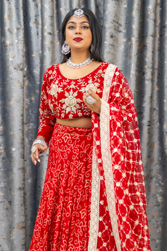 Red Chiffon Bandhani Print Lehenga Set