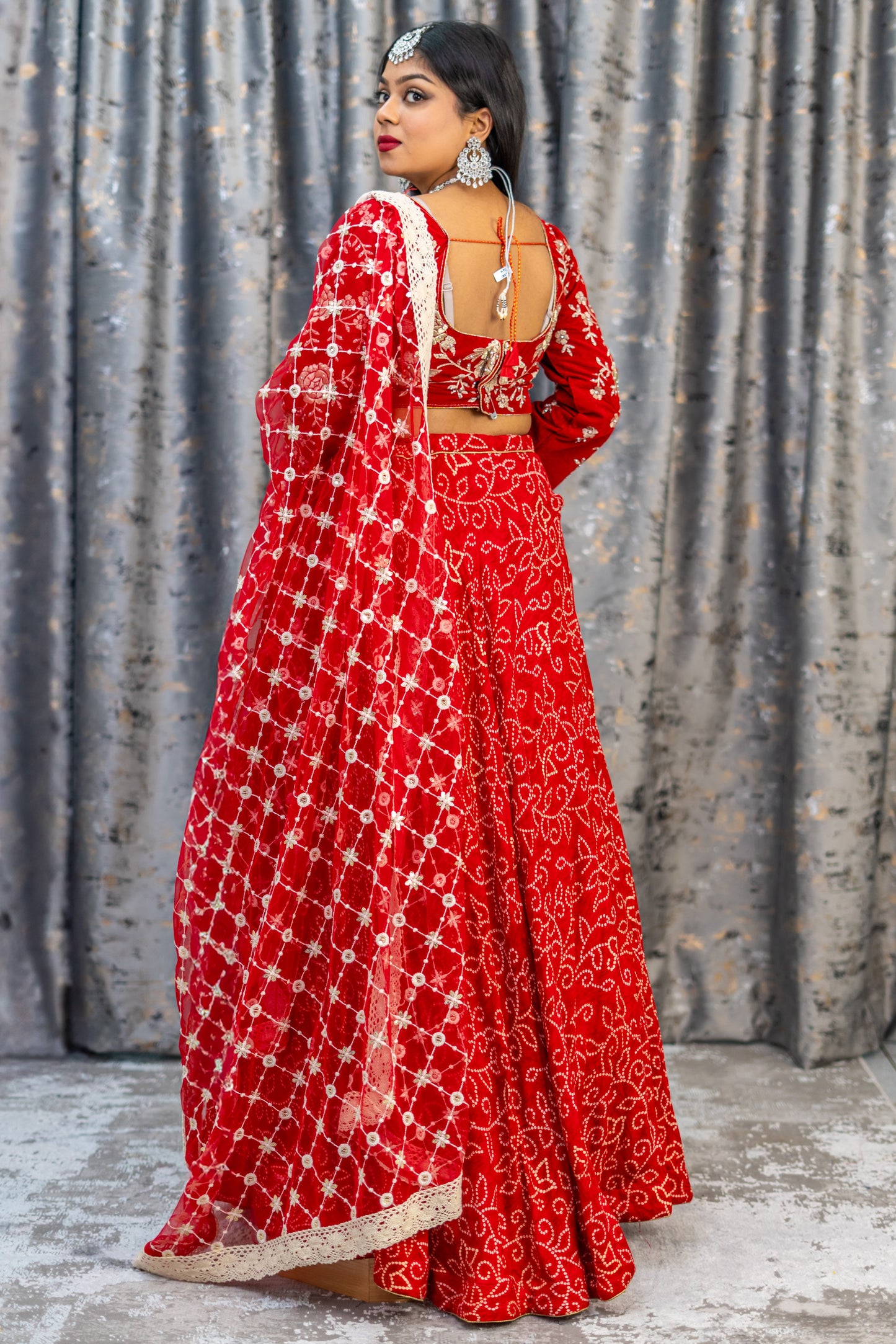 Red Chiffon Bandhani Print Lehenga Set