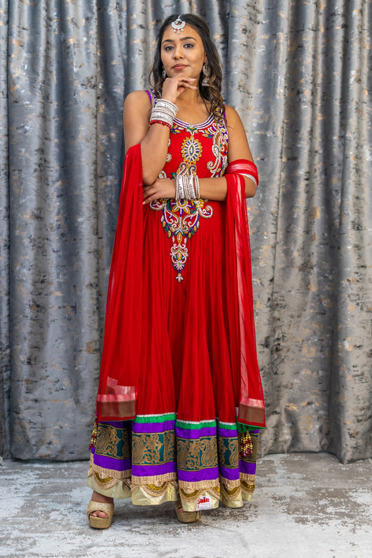 Red Net Punjabi Set with Swarovski Stone Work