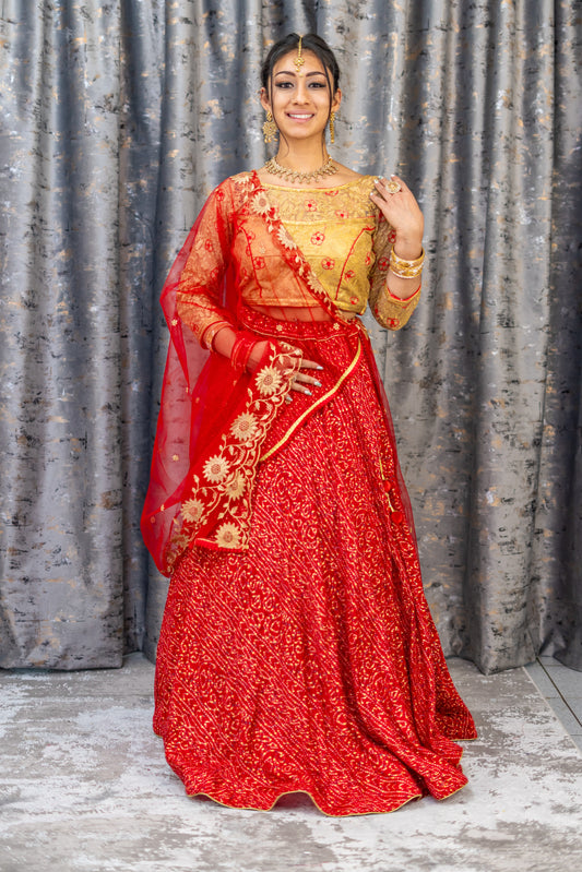 Red Chiffon Bandhani Print Lehenga Set