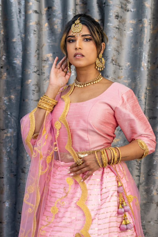 Pink Raw Silk Lehenga Set with Embroidery