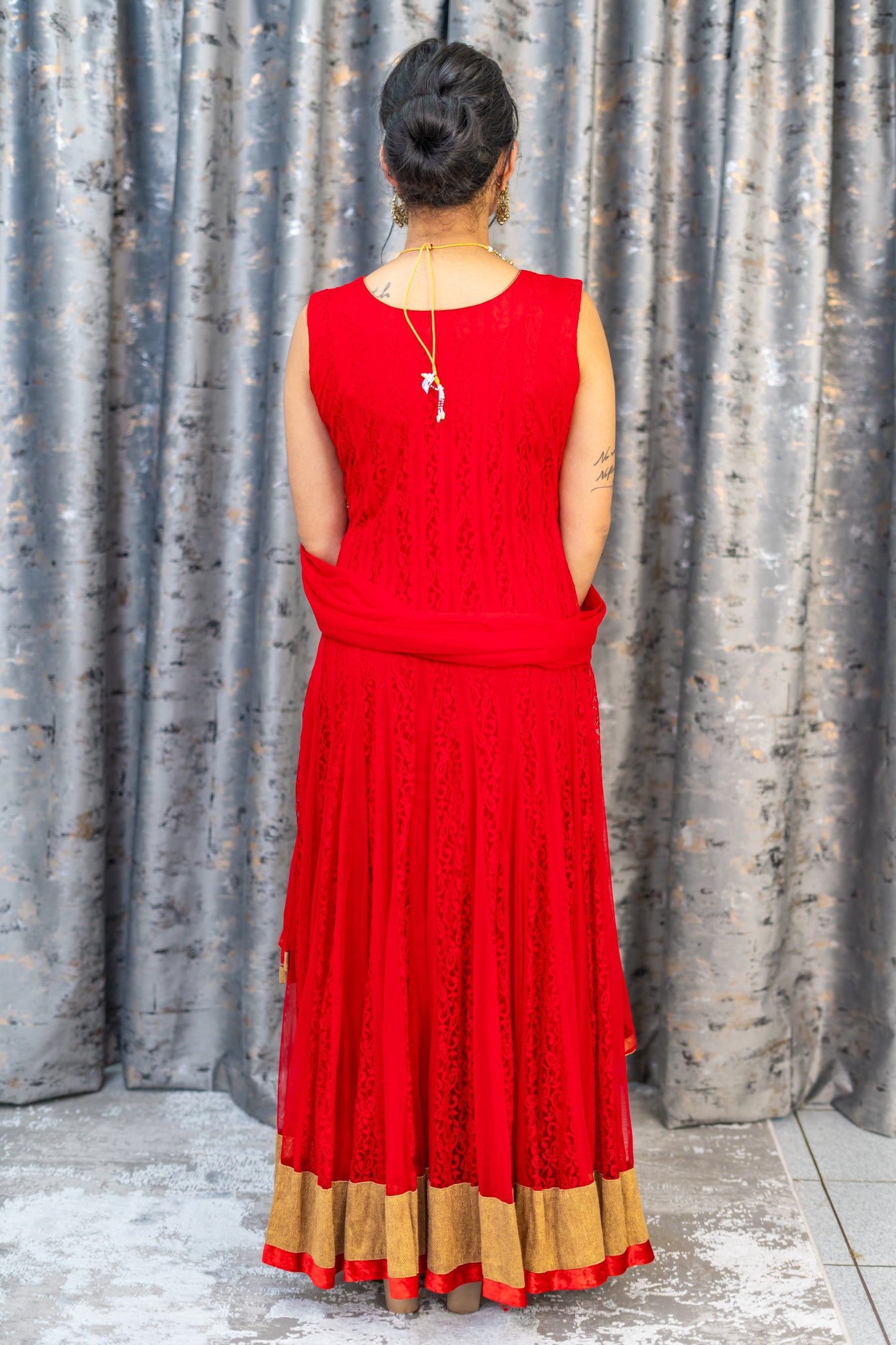 Red Net Punjabi Set with Gold Swarovski Stones