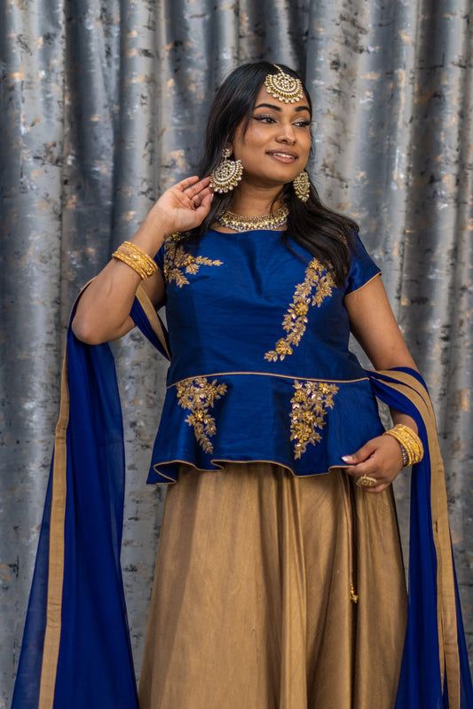 Deep Gold Raw Silk Lehenga Set with Rayal Blue Raw Silk Blouse