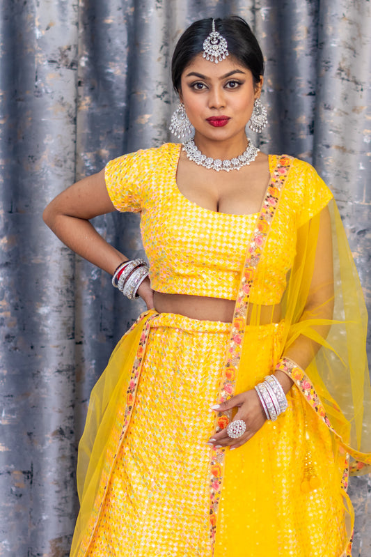 Yellow Cotton Lehenga Set with Embroidery