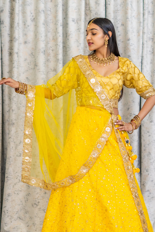 Yellow Cotton Lehenga Set with Embroidery