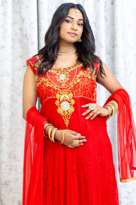 Red Net Punjabi Set with Swarovski Stone Work