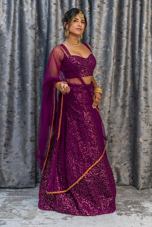 Purple Cotton Lehenga Set with Embroidery & Sequence Work