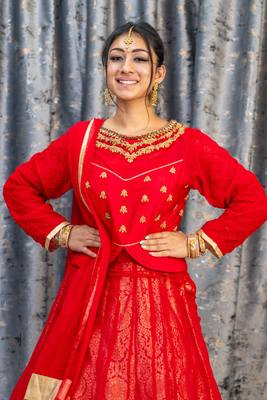 Red Brocade Lehenga Set With Swarovski Stone Work