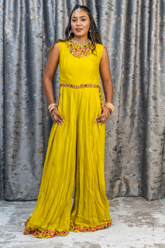 Yellow Cotton Jumpsuit with Floral Embroidery