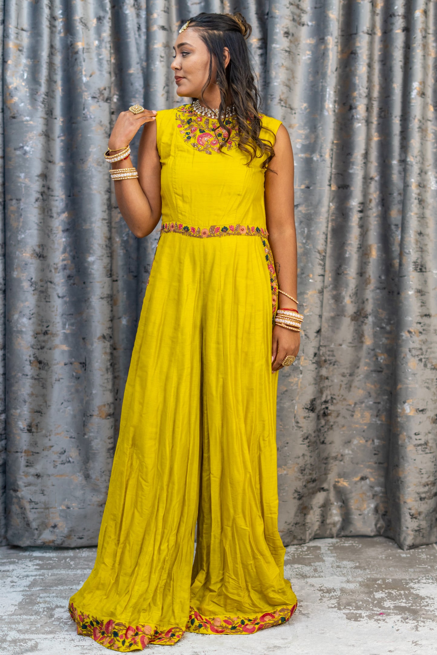 Yellow Cotton Jumpsuit with Floral Embroidery