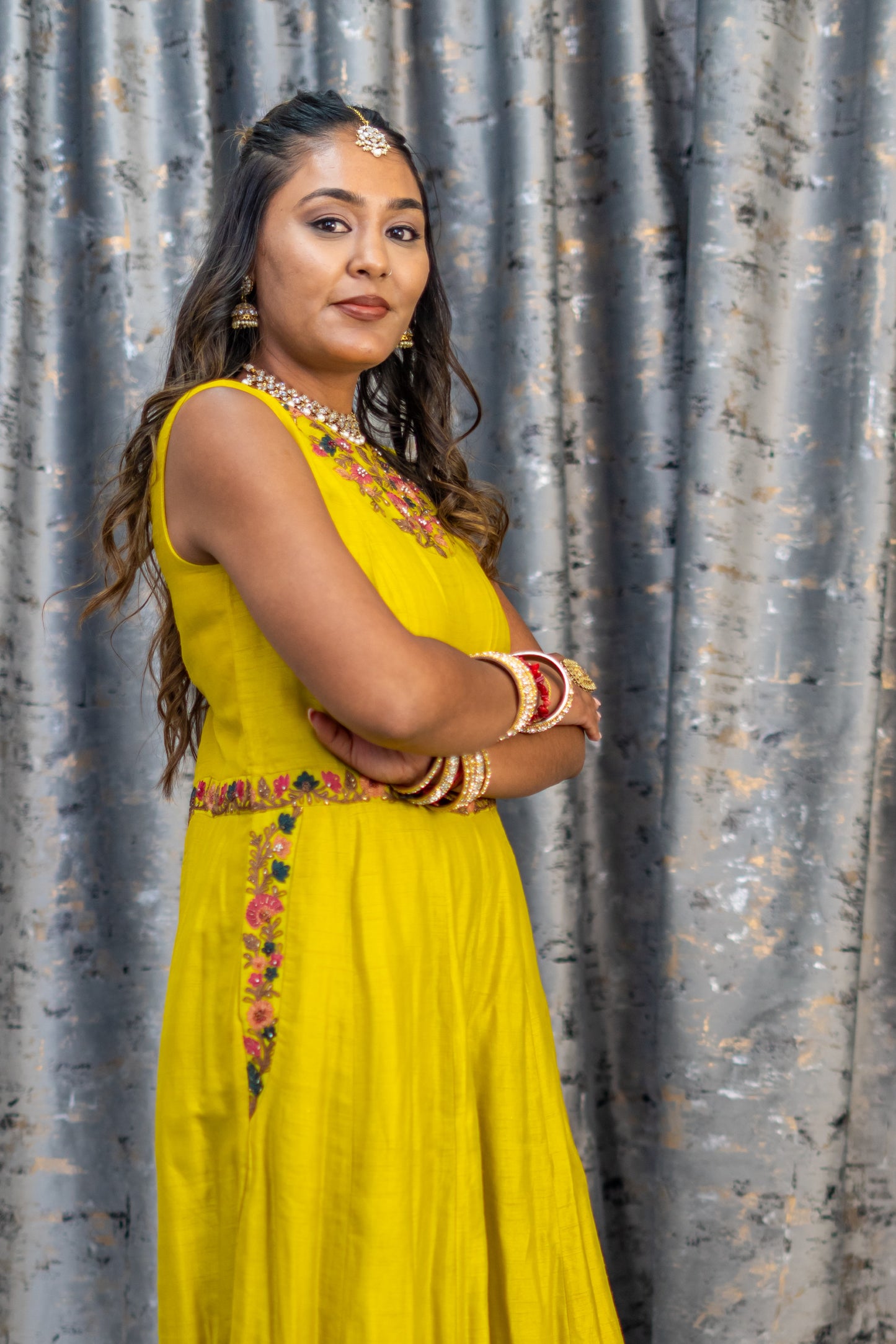 Yellow Cotton Jumpsuit with Floral Embroidery