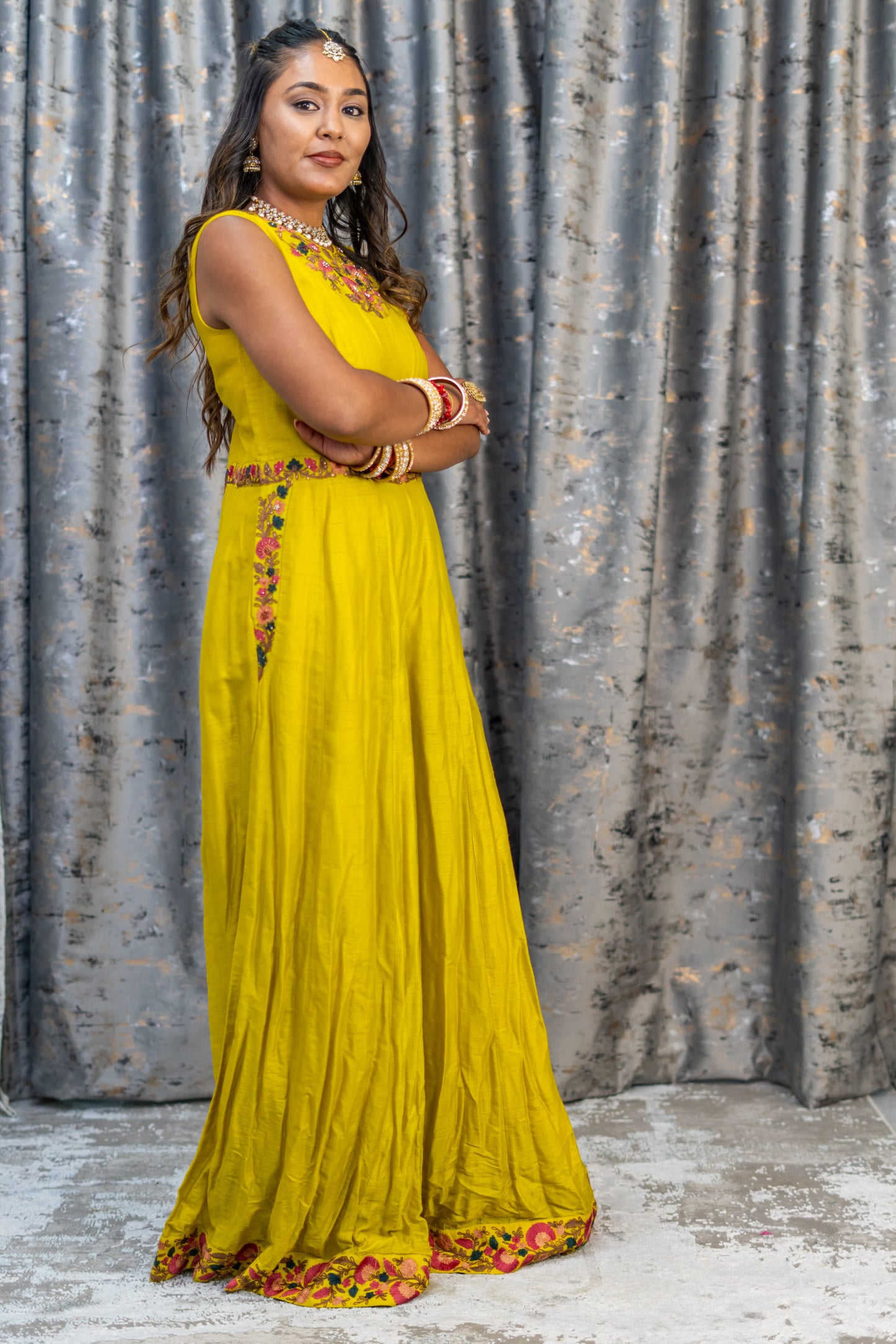 Yellow Cotton Jumpsuit with Floral Embroidery