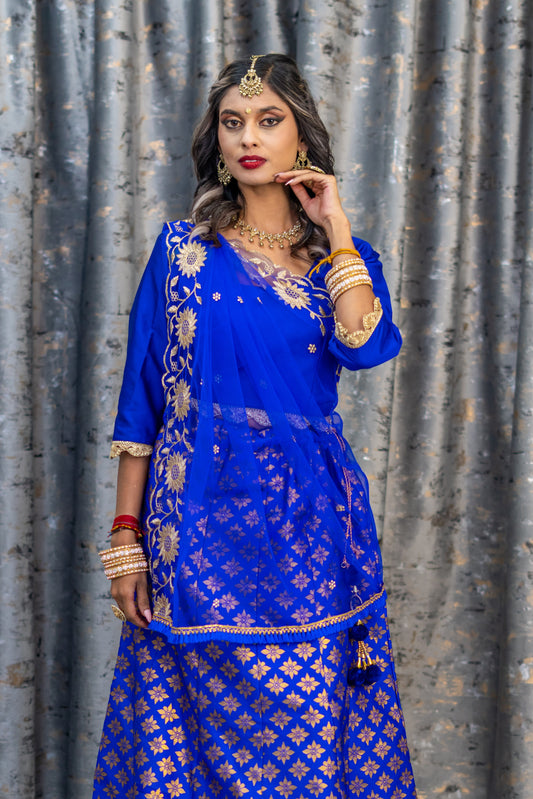 Royal Blue Brocade Lehenga Set