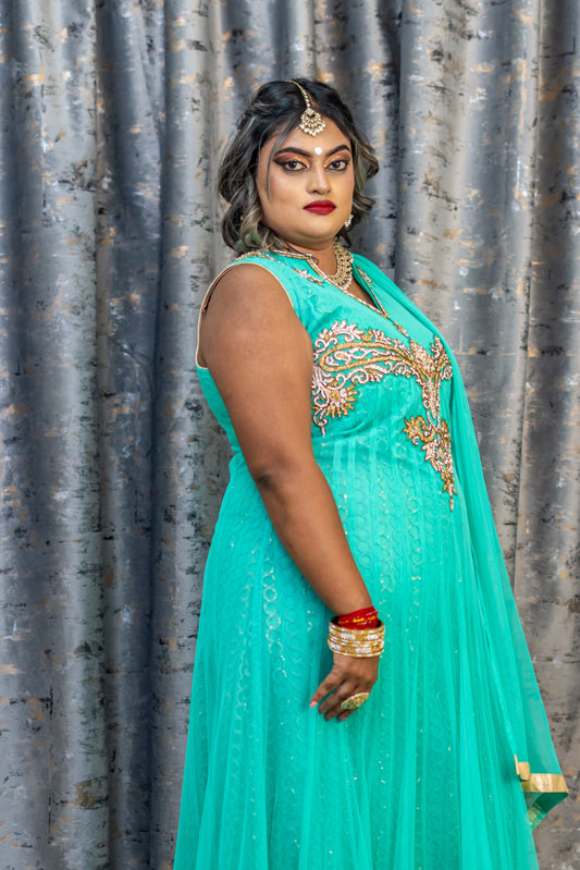 Teal Net Punjabi with Swarovski Stone Work