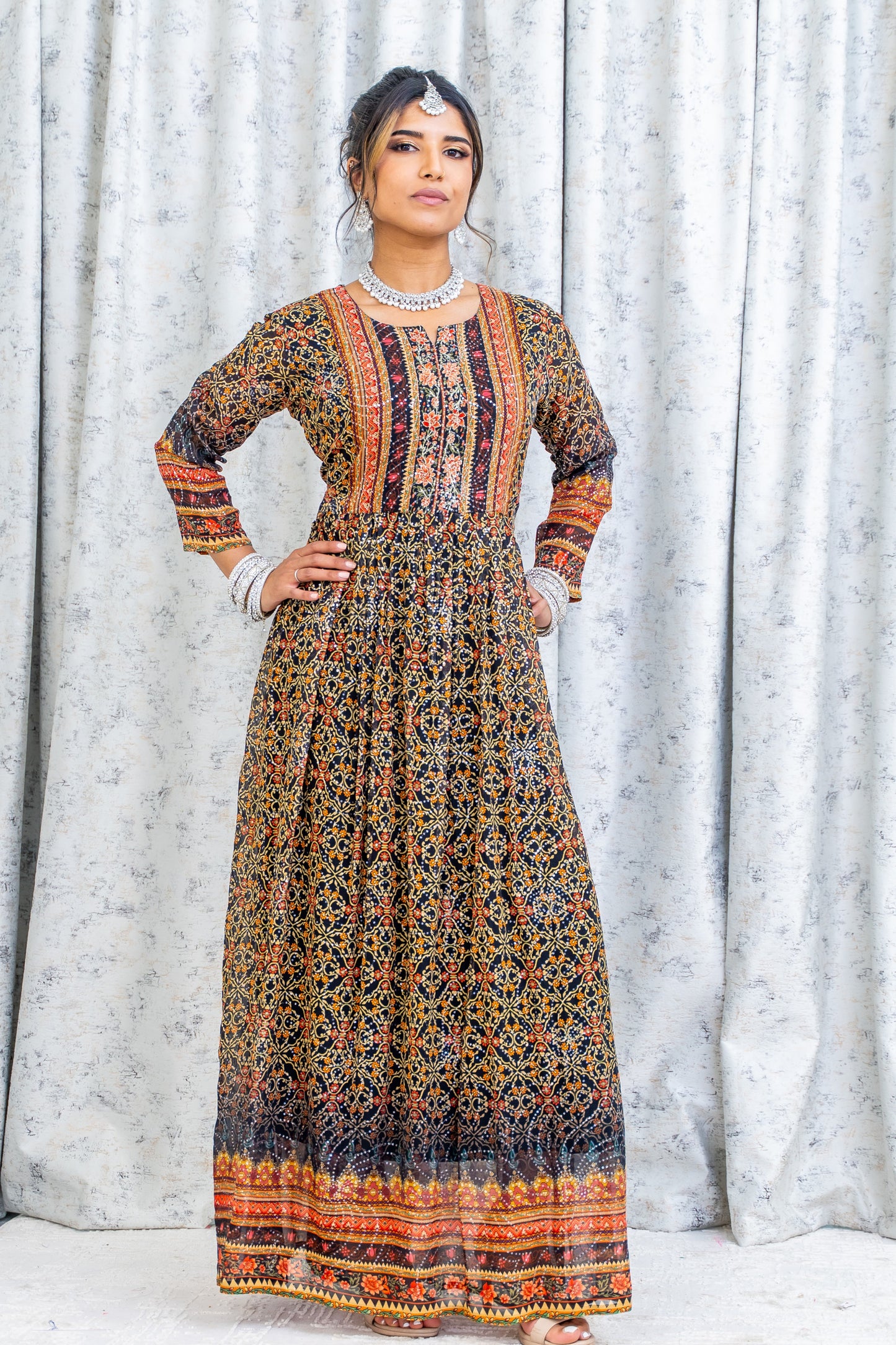 Black Floral Printed Crepe Kurti Top