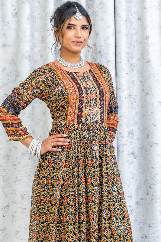Black Floral Printed Crepe Kurti Top