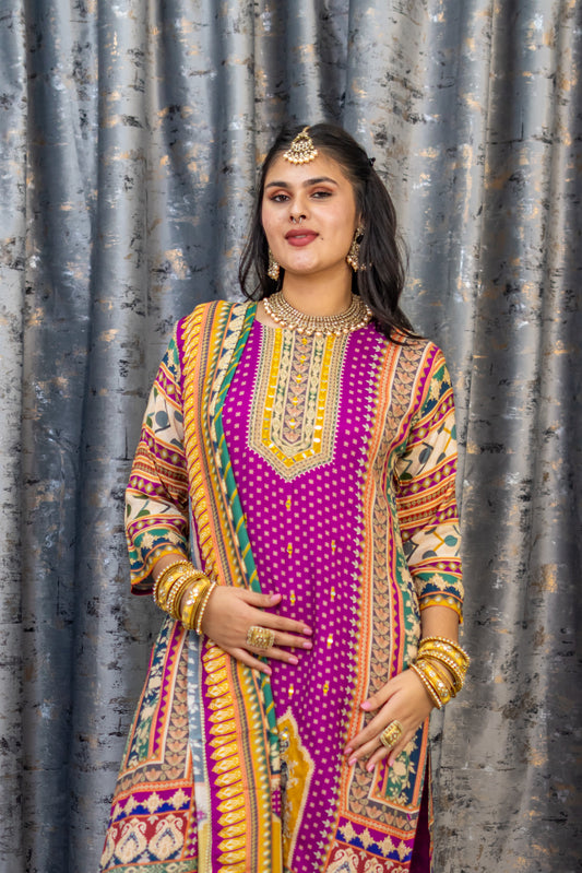 Purple Printed Chinon Silk Punjabi Set