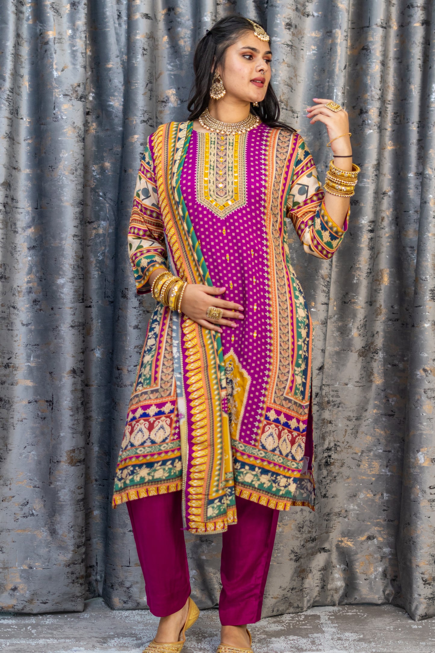 Purple Printed Chinon Silk Punjabi Set