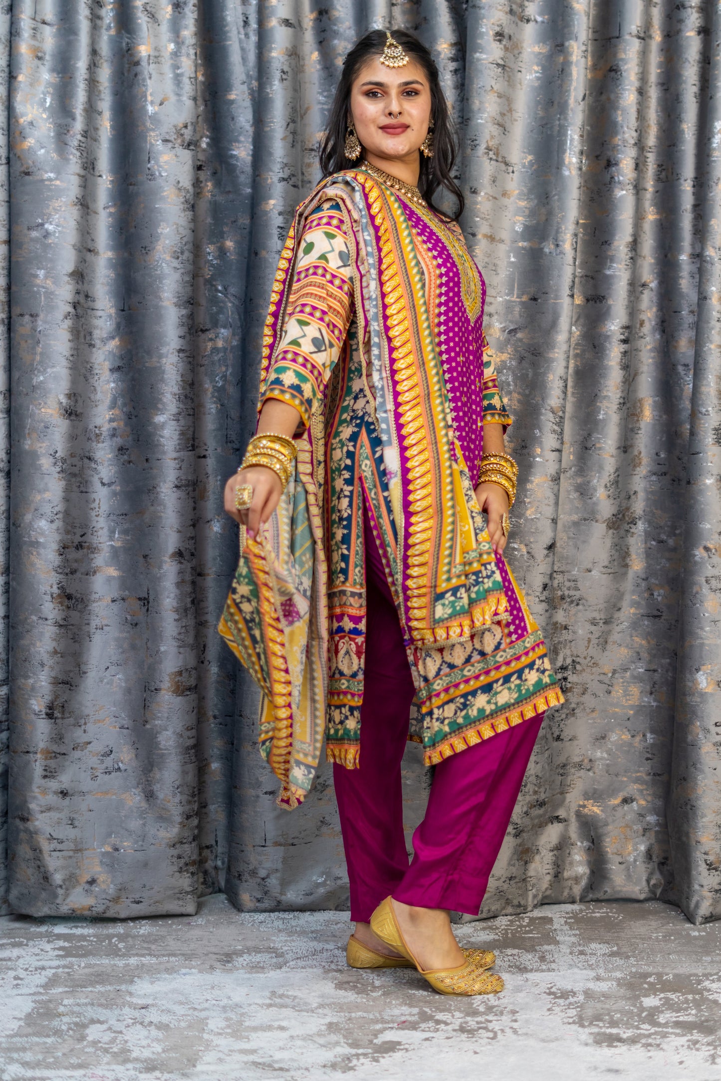 Purple Printed Chinon Silk Punjabi Set