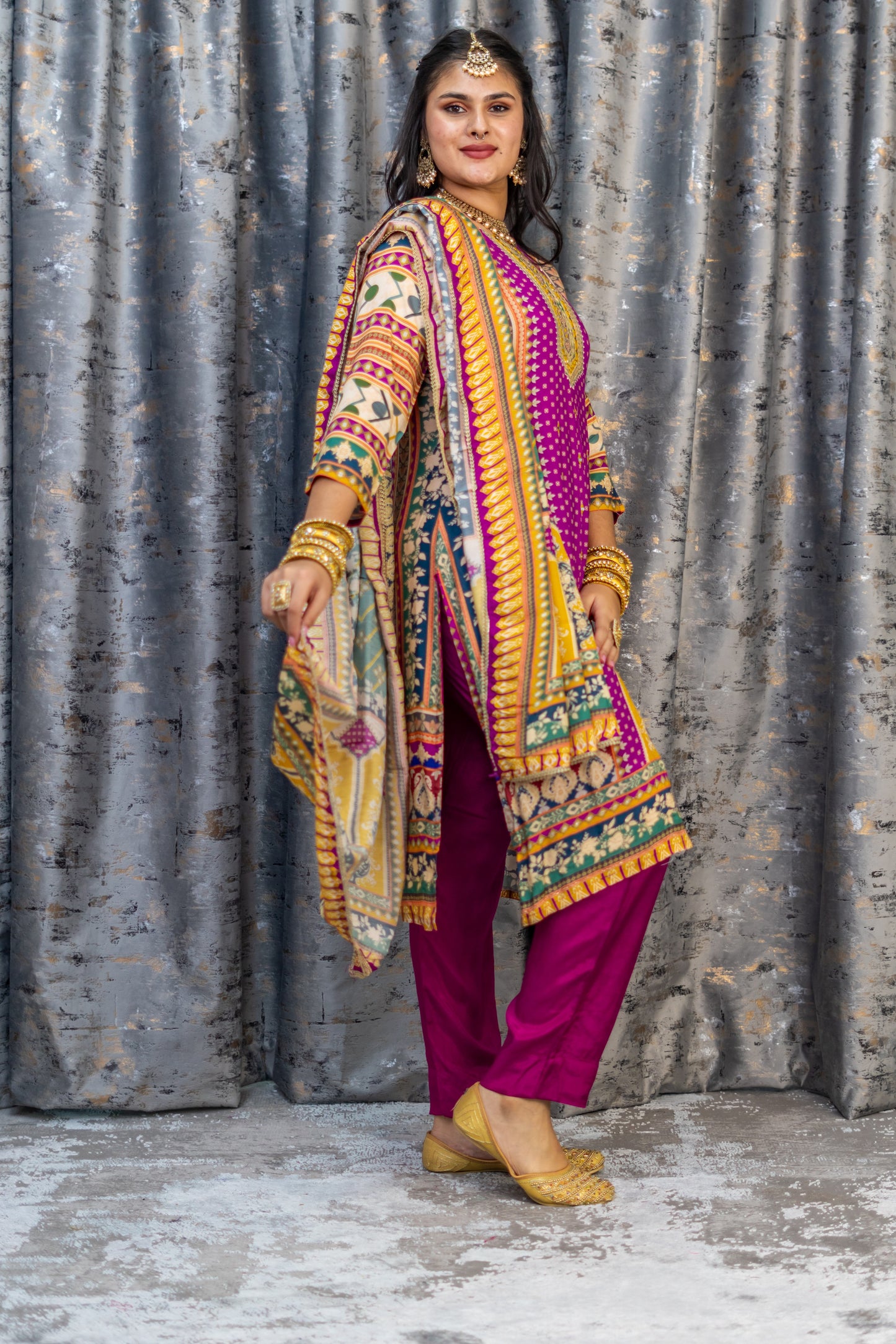 Purple Printed Chinon Silk Punjabi Set