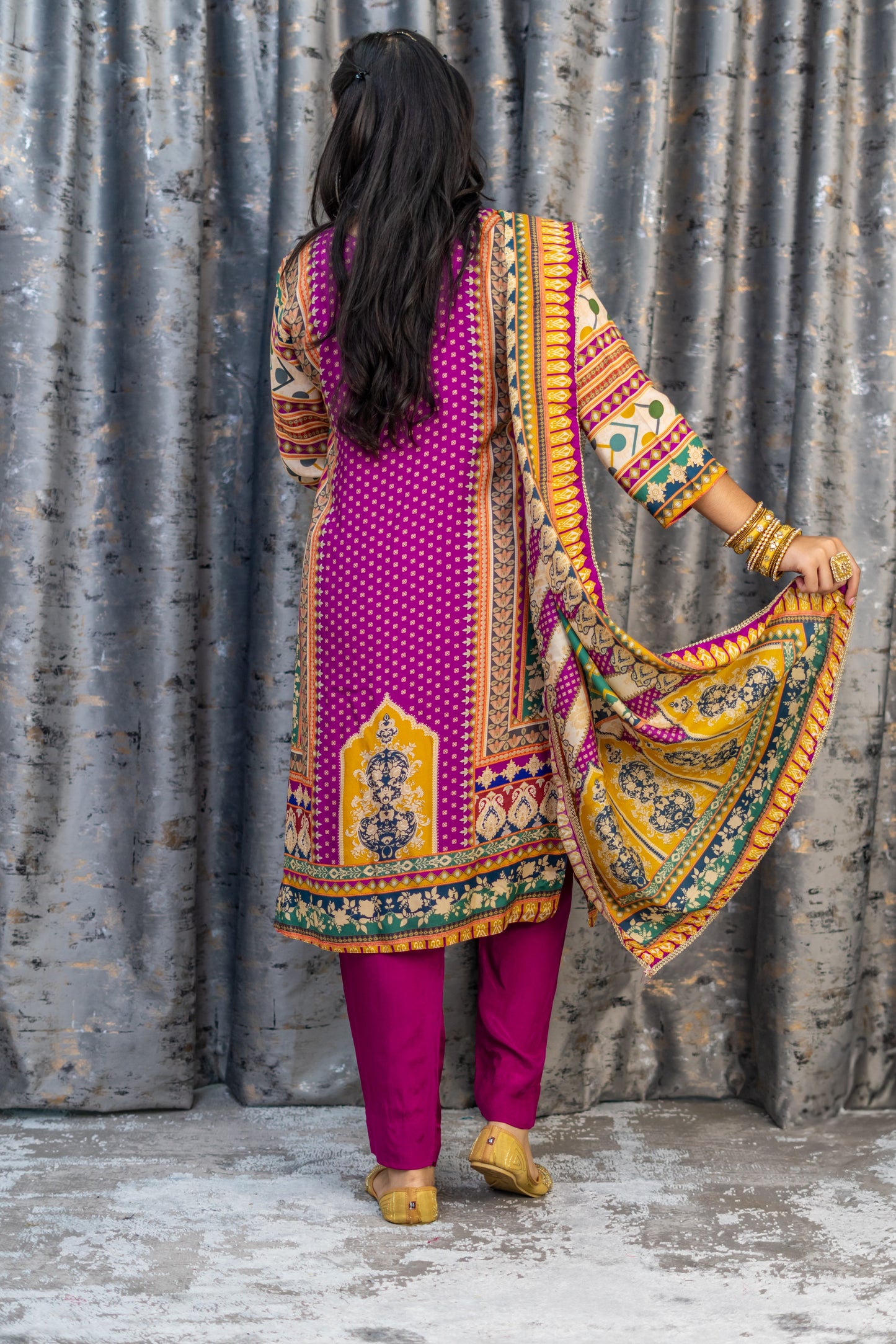Purple Printed Chinon Silk Punjabi Set