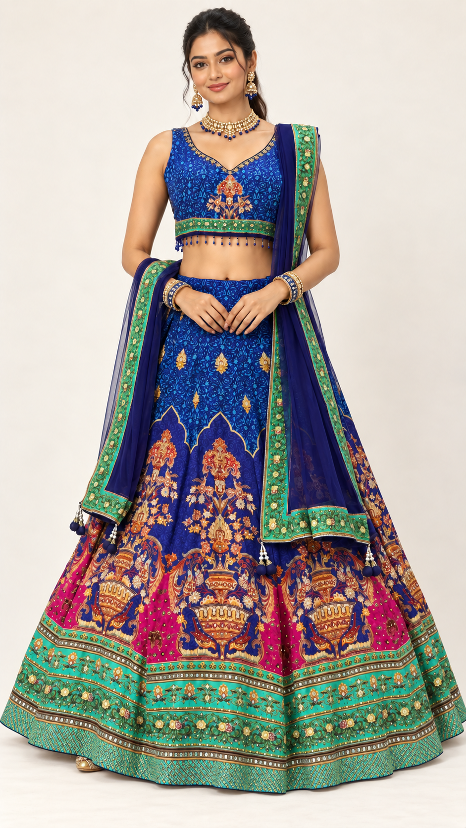 Royal Blue Printed Fully Flare Crepe Lehenga