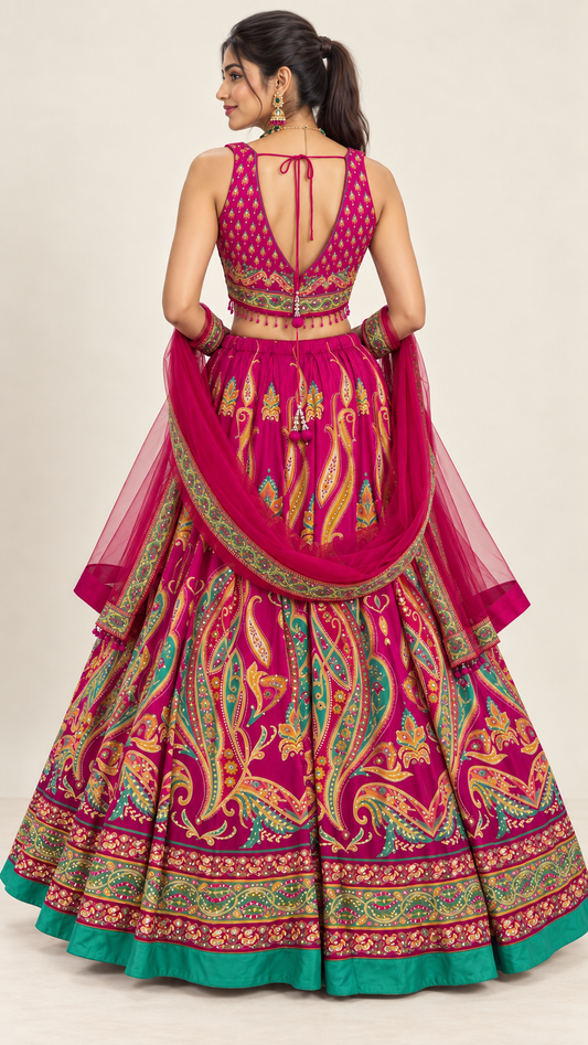Pink Printed Fully Flare Crepe Lehenga