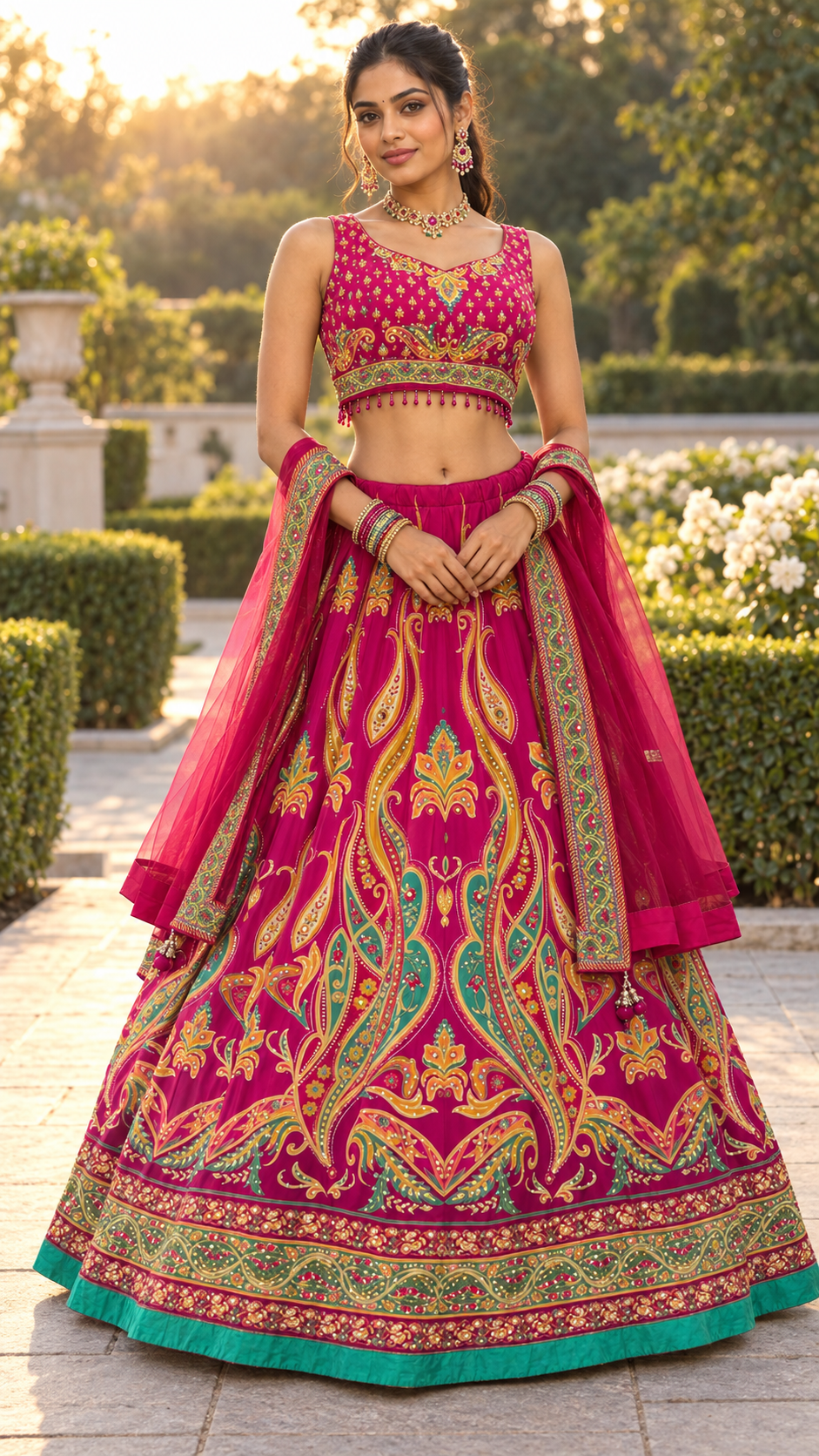 Pink Printed Fully Flare Crepe Lehenga