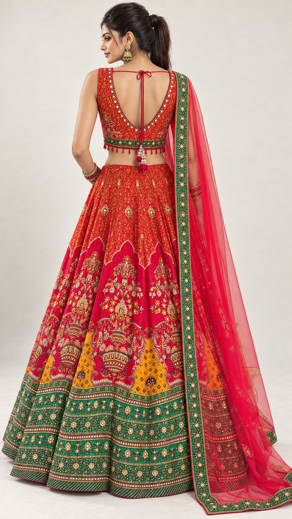 Red Multi Colour Printed Fully Flare Crepe Lehenga