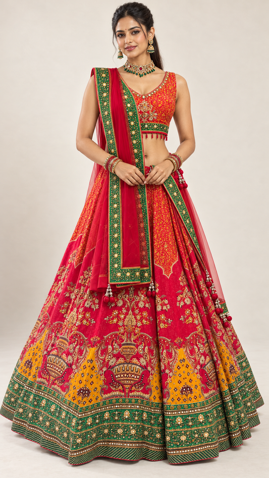 Red Multi Colour Printed Fully Flare Crepe Lehenga