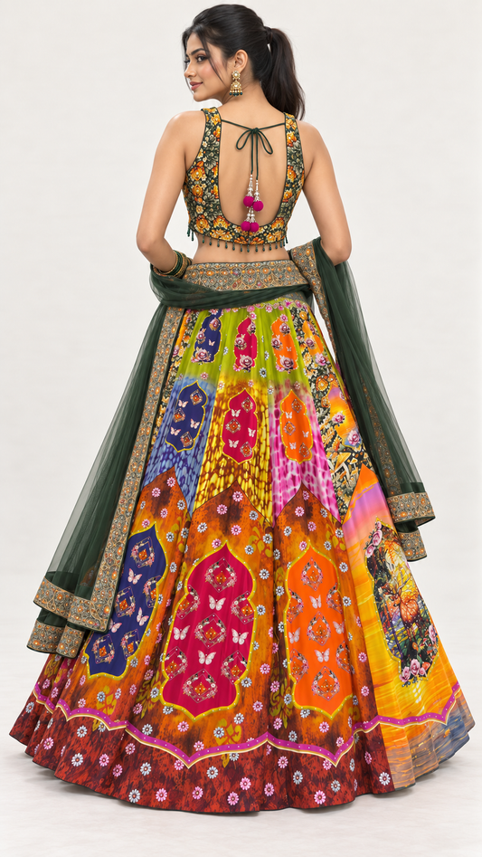 Mehndi Green Dear Printed Fully Flare Crepe Lehenga