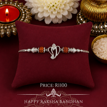 Cutout Ganesh with Rudraksh 925 Sterling Silver Rakhi