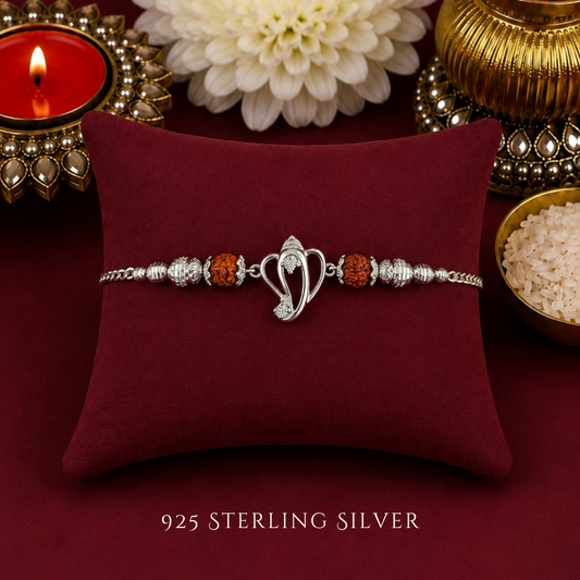 Cutout Ganesh with Rudraksh 925 Sterling Silver Rakhi