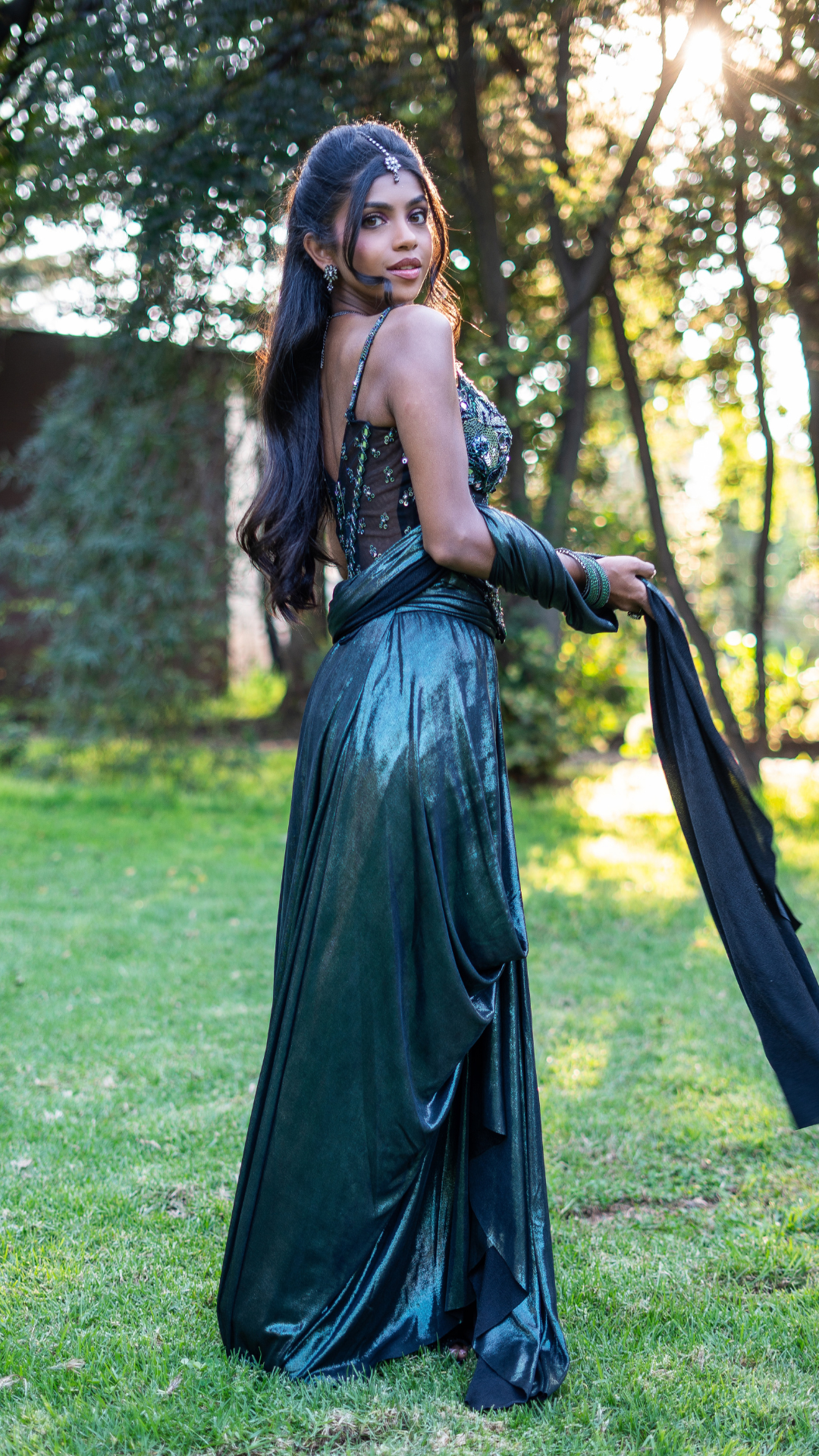 Shimmer Metallic Green  Draped Sari Set