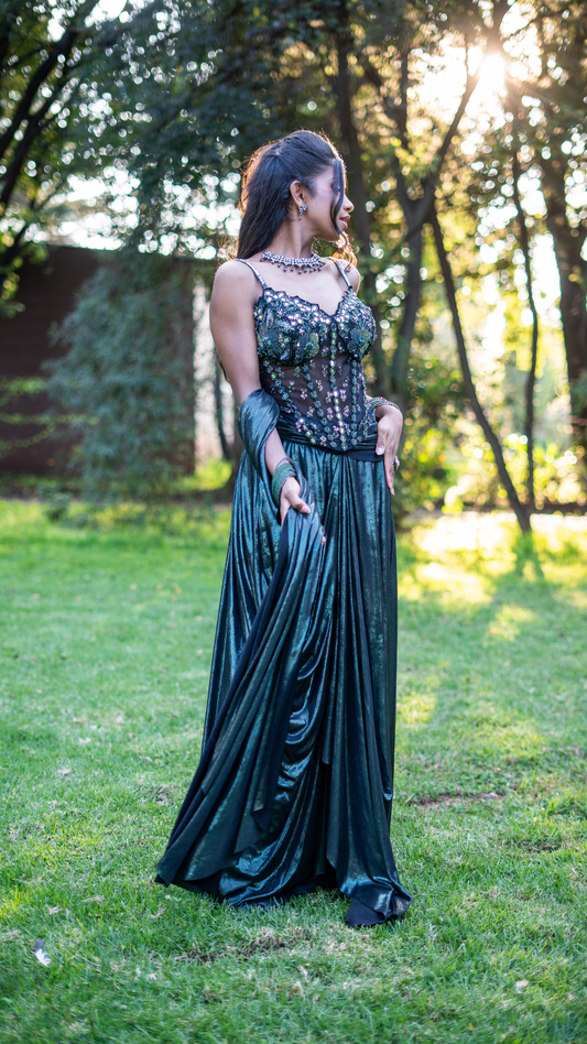 Shimmer Metallic Green  Draped Sari Set