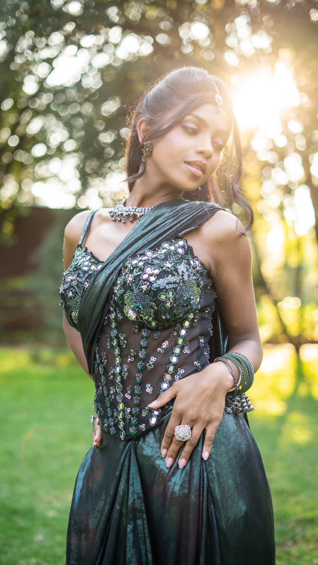 Shimmer Metallic Green  Draped Sari Set