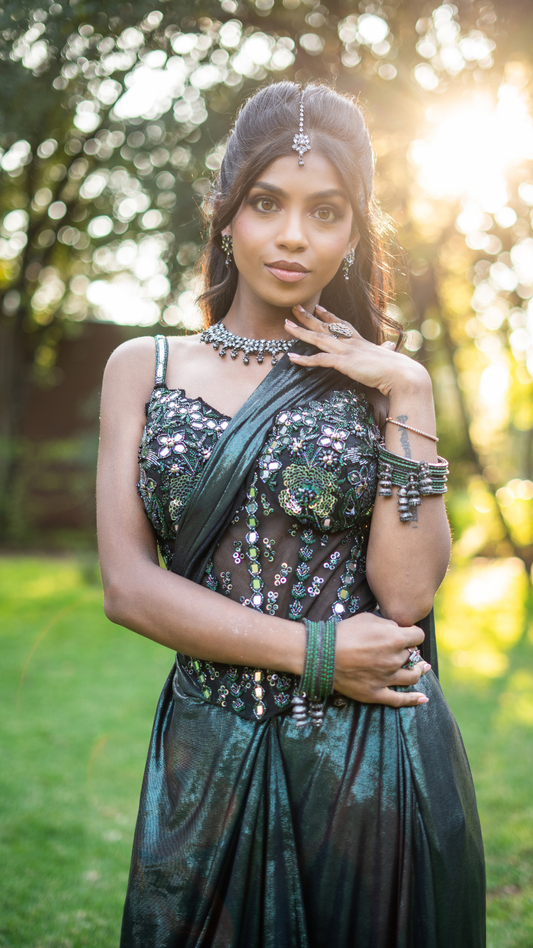 Shimmer Metallic Green  Draped Sari Set