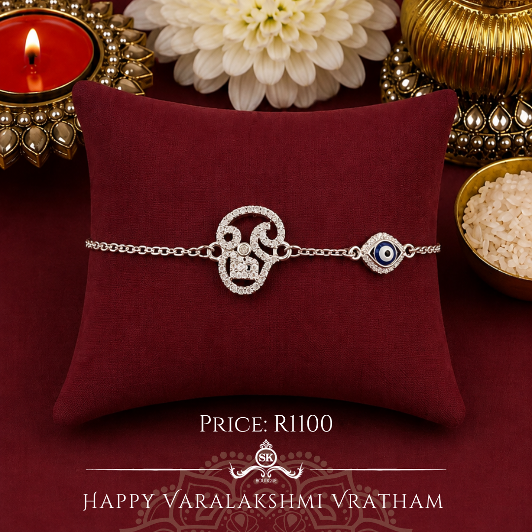 Tamil Aum Cubic Zirconia with Evil Eye 925 Sterling Silver Bracelet
