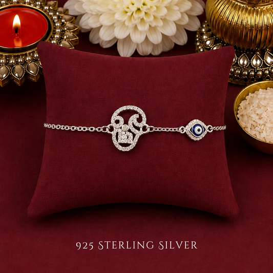 Tamil Aum Cubic Zirconia with Evil Eye 925 Sterling Silver Bracelet