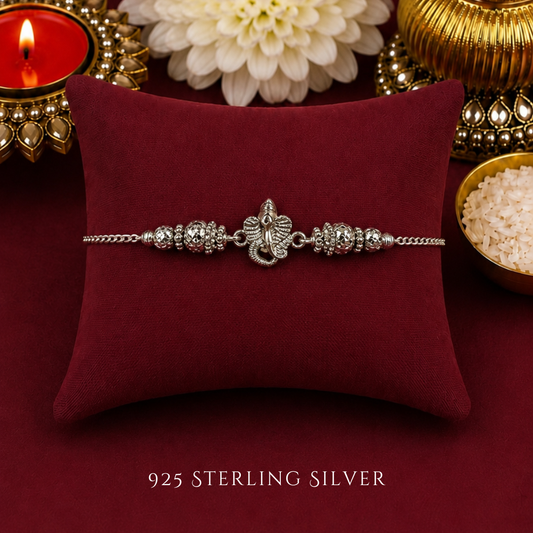 Mini Cut Out Ganesha with Rudraksh 925 Sterling Silver Designer Bracelet