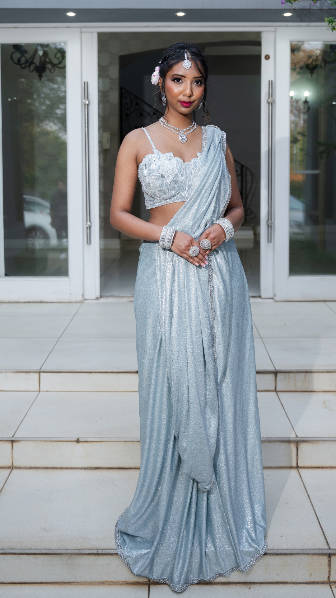 Shimmer Sky Blue Draped Sari Set