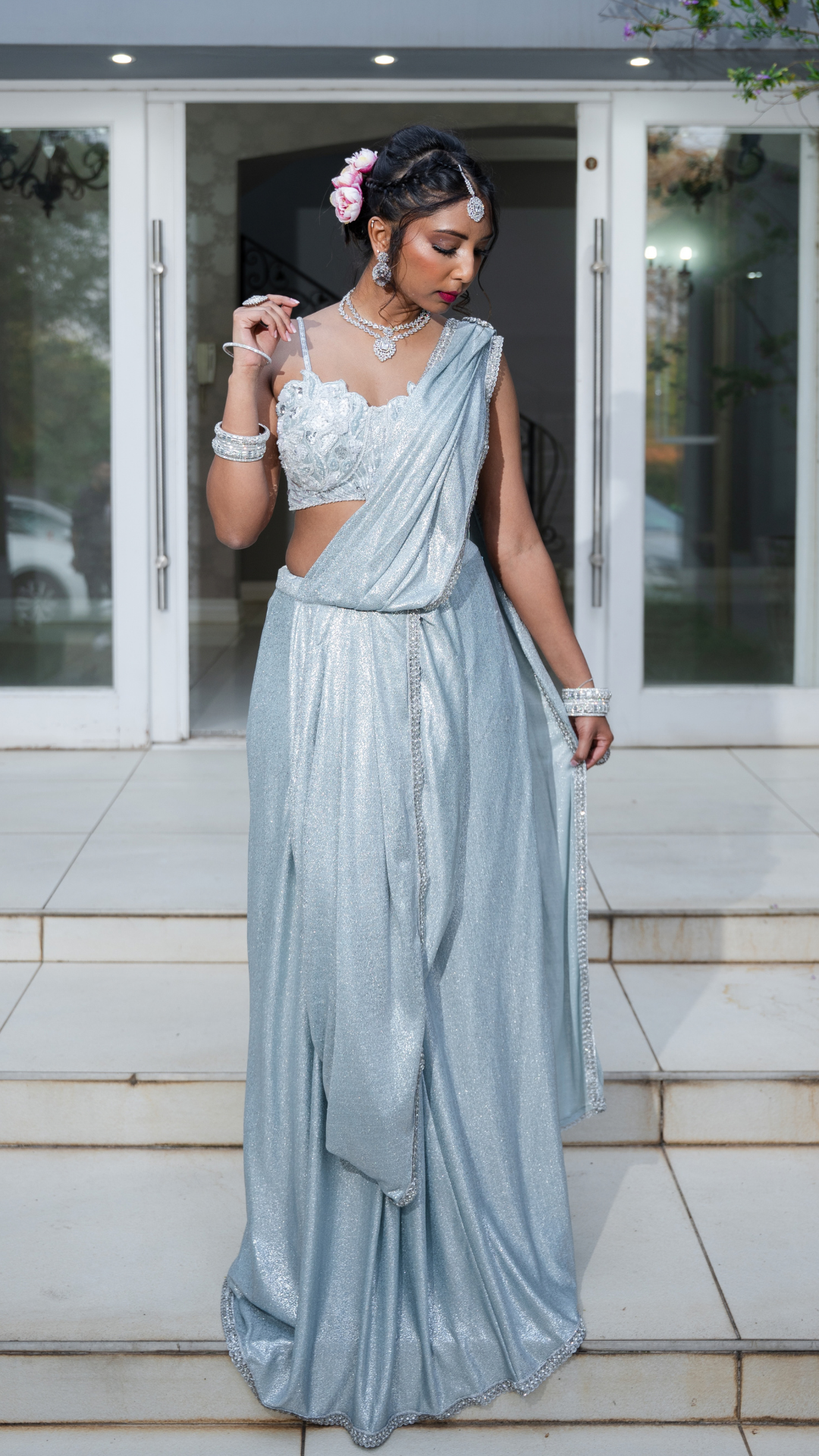 Shimmer Sky Blue Draped Sari Set