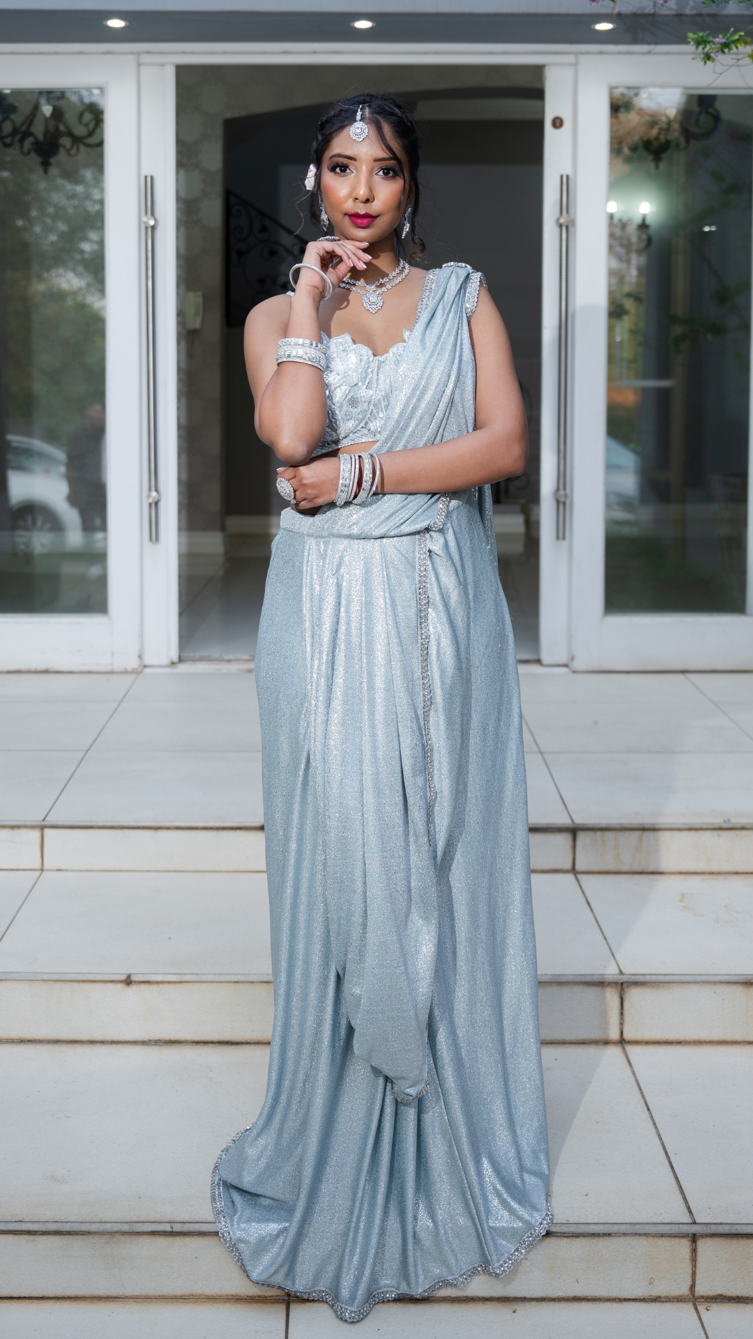 Shimmer Sky Blue Draped Sari Set