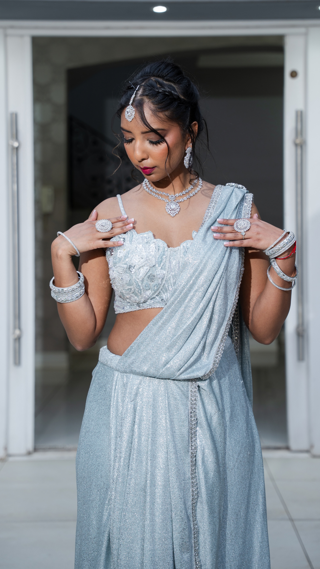 Shimmer Sky Blue Draped Sari Set